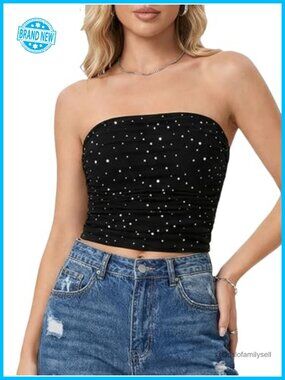Glitter Sequin Bandeau Top Ruched Strapless Fitted Mesh Tube Top